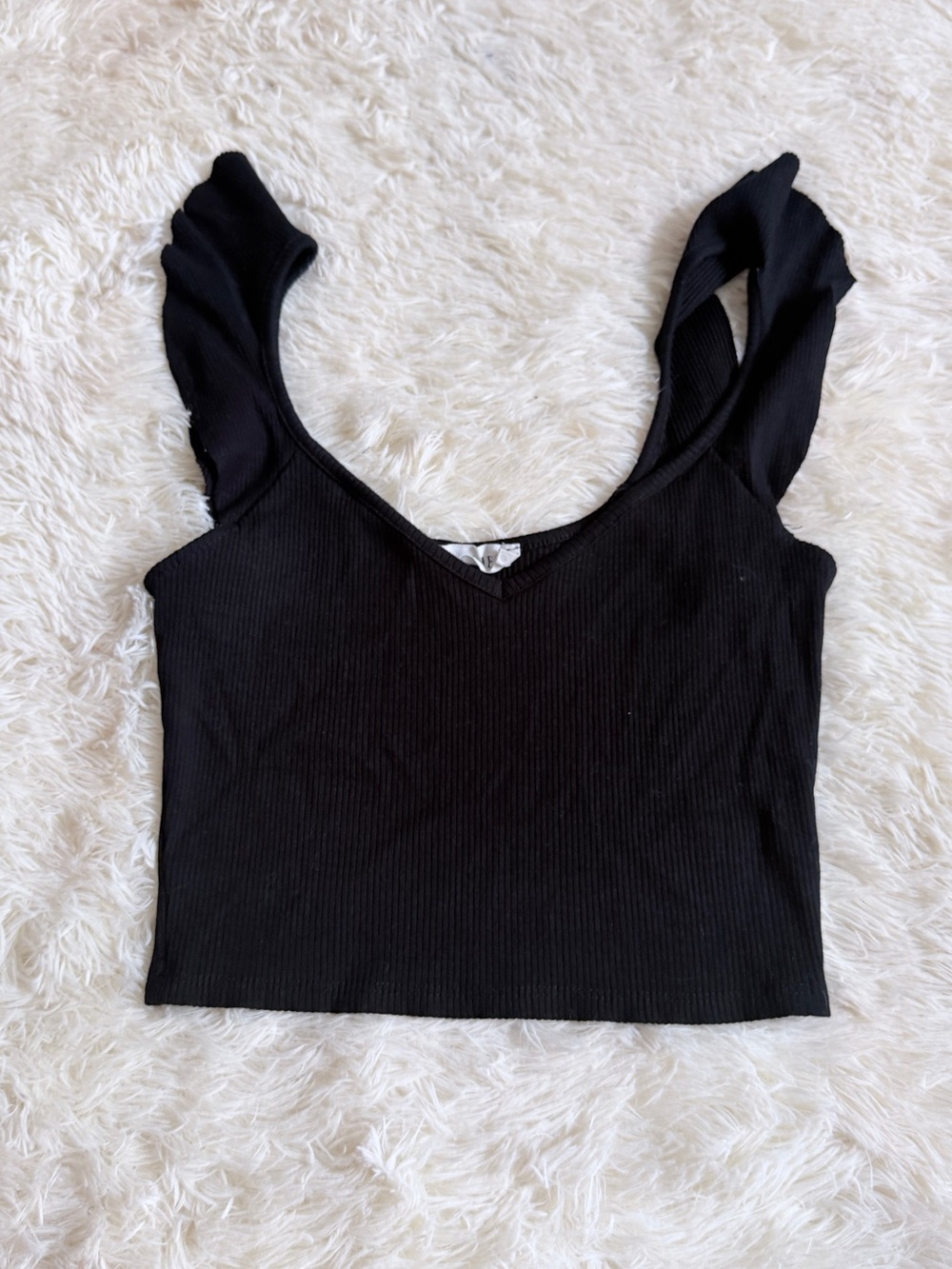 Jolie Black Ribbed V-Neck Ruffle Strap Crop Top